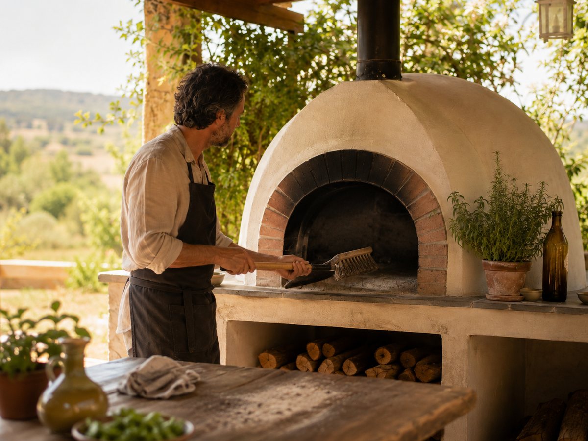 Forno a lenha em utilização num espaço exterior